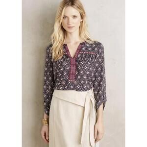 One September from Anthropologie Bohemian Blue Printed Folia Blouse - Size - XS